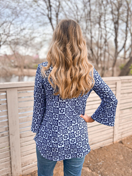 Lyla Blue Flower Bell Sleeve Top - Ribbons and Spice Boutique