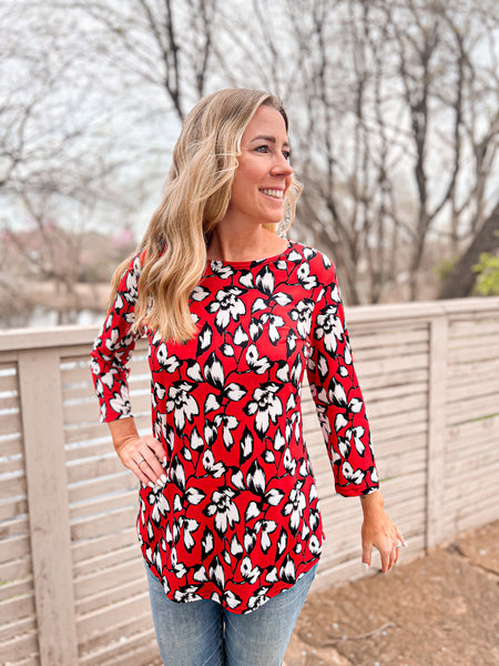 Kendall Red Floral Print Top - Ribbons and Spice Boutique