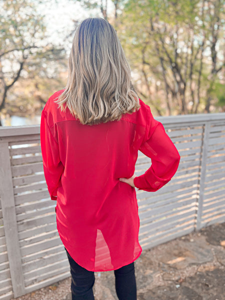 Contemporary Collection Red Sheer Chiffon Button Up - Ribbons and Spice Boutique