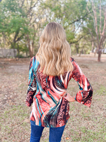 Athena Brush Stroke Bell Sleeve Top - Ribbons and Spice Boutique