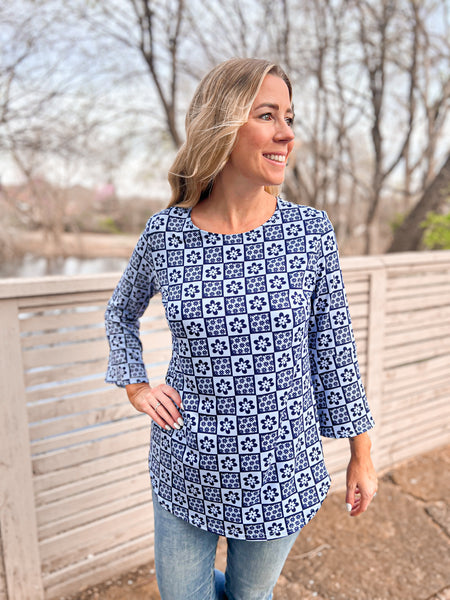 Lyla Blue Flower Bell Sleeve Top - Ribbons and Spice Boutique