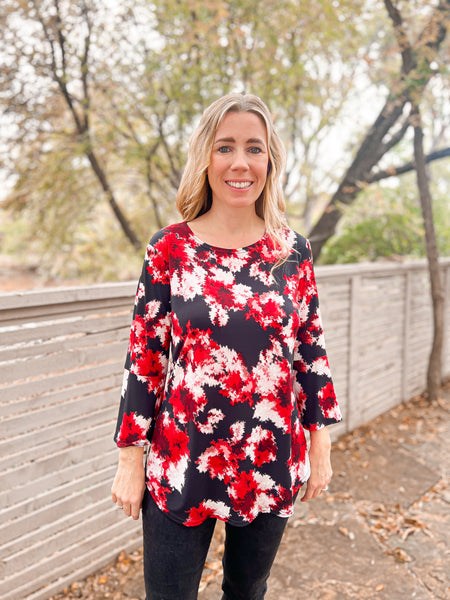 Samantha Red Geometric Bell Sleeve Top - Ribbons and Spice Boutique