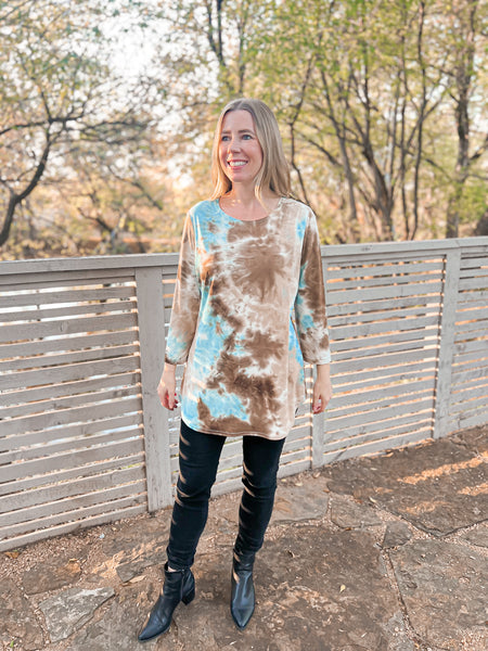 Eva Blue and Tan Hand Dipped Tie Dye Top - Ribbons and Spice Boutique