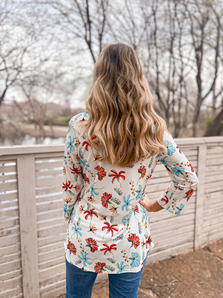 Carolyn Red & Blue Floral Print Top - Ribbons and Spice Boutique