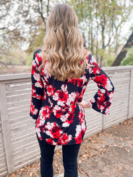 Samantha Red Geometric Bell Sleeve Top - Ribbons and Spice Boutique