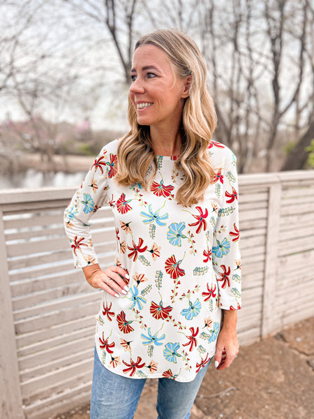 Carolyn Red & Blue Floral Print Top - Ribbons and Spice Boutique