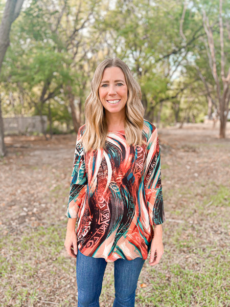 Athena Brush Stroke Bell Sleeve Top - Ribbons and Spice Boutique