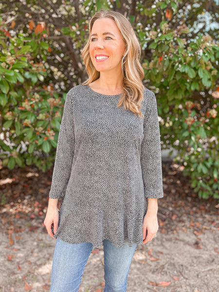 Charlie Speckled Ruffle Front Top - Ribbons and Spice Boutique