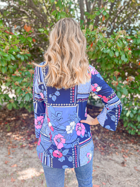Chaney Purple Floral Block Bell Sleeve Top - Ribbons and Spice Boutique