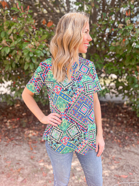 Ambry Green Geometric Short Sleeve Top - Ribbons and Spice Boutique
