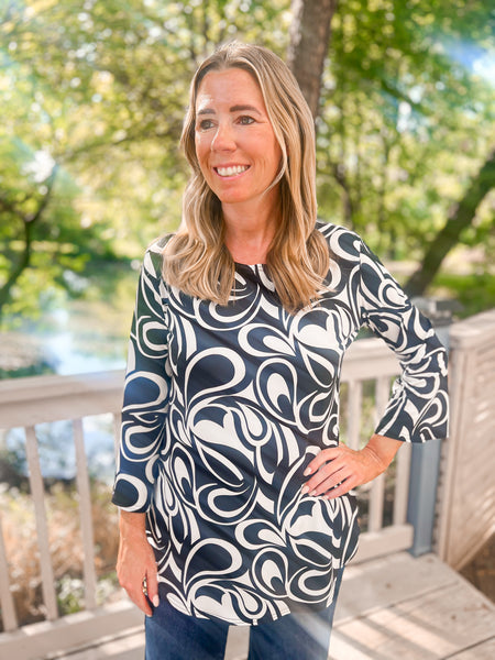 Ciara Black & White Swirl Bell Sleeve Top - Ribbons and Spice Boutique