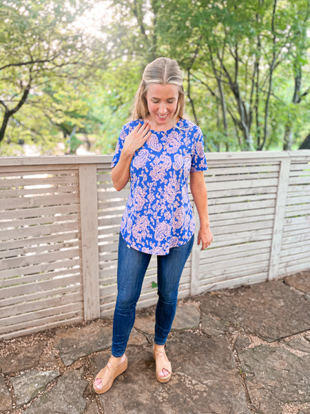 Bailey Blue with Blush Pink Flowers Top - Ribbons and Spice Boutique