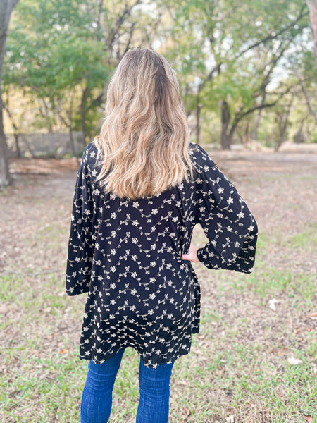 Josie Black Kimono With Embroidered Flowers - Ribbons and Spice Boutique