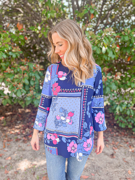 Chaney Purple Floral Block Bell Sleeve Top - Ribbons and Spice Boutique