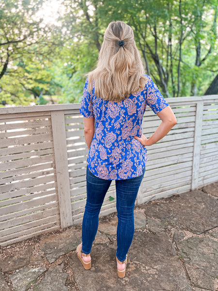 Bailey Blue with Blush Pink Flowers Top - Ribbons and Spice Boutique