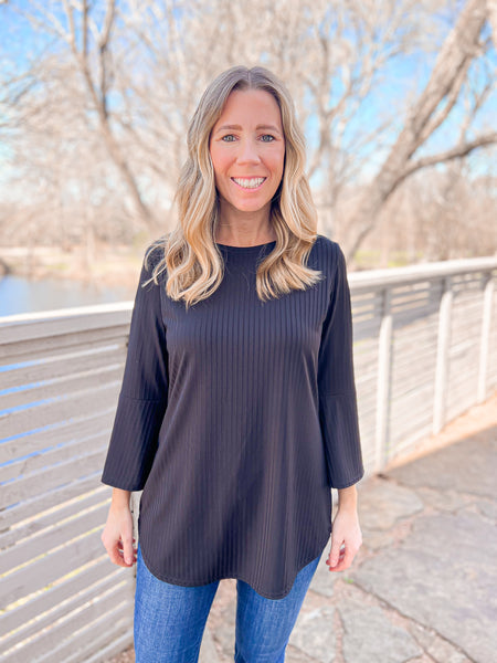 Twila Black Ribbed Knit Belle Sleeve Top - Ribbons and Spice Boutique