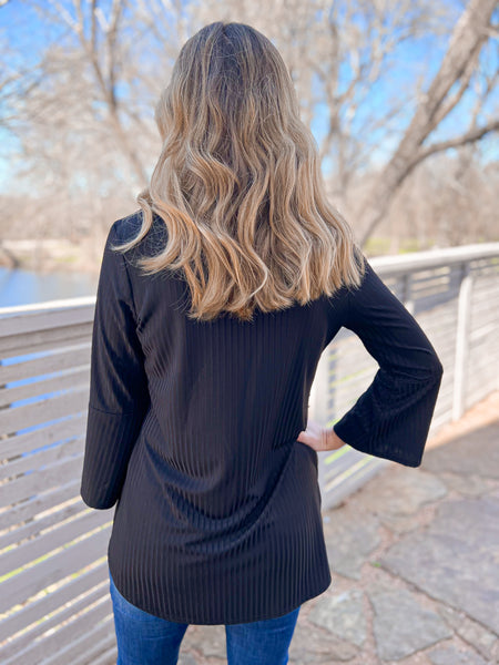 Twila Black Ribbed Knit Belle Sleeve Top - Ribbons and Spice Boutique
