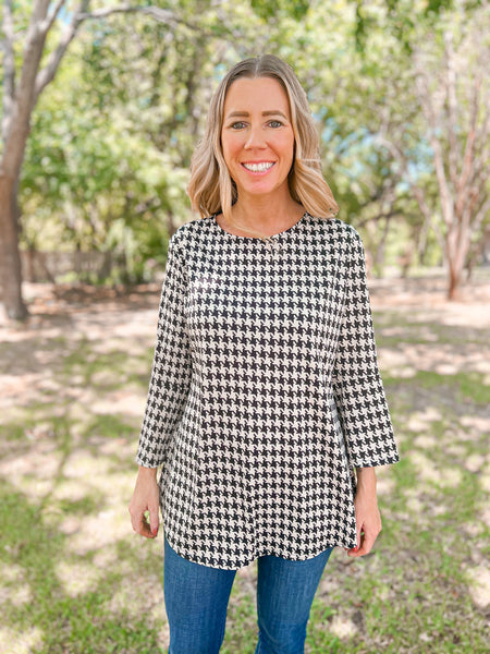 Matilda Houndstooth Print Bell Sleeve Top - Ribbons and Spice Boutique