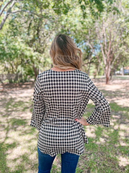 Matilda Houndstooth Print Bell Sleeve Top - Ribbons and Spice Boutique