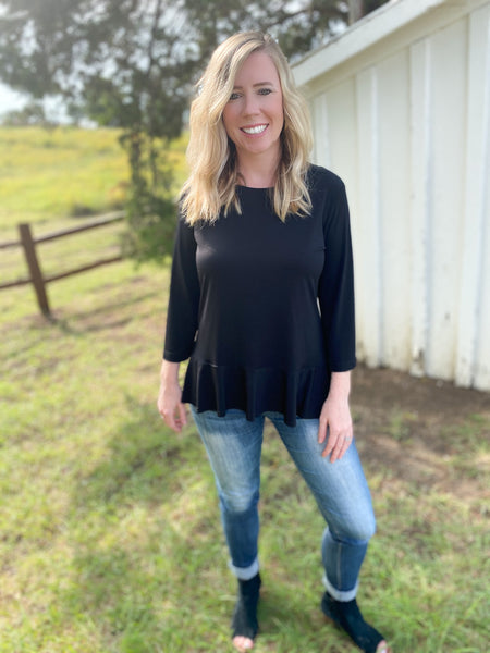 Ava Black Front Ruffle Top - Ribbons and Spice Boutique