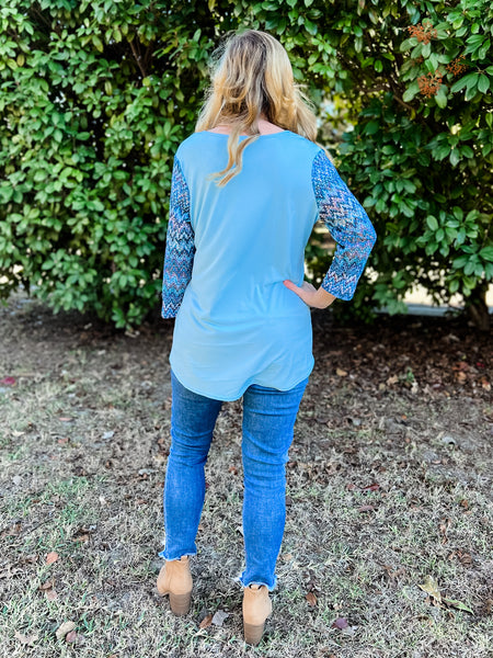 Emily Sky Blue Top With Stretch Lace Sleeve - Ribbons and Spice Boutique
