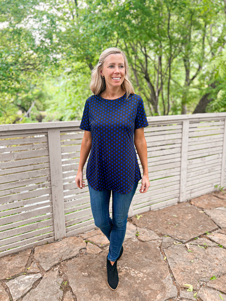 Donna Blue and Black Polka Dot Short Sleeve Top - Ribbons and Spice Boutique