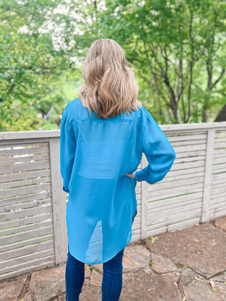 Contemporary Collection Turquoise Sheer Chiffon Button Up - Ribbons and Spice Boutique