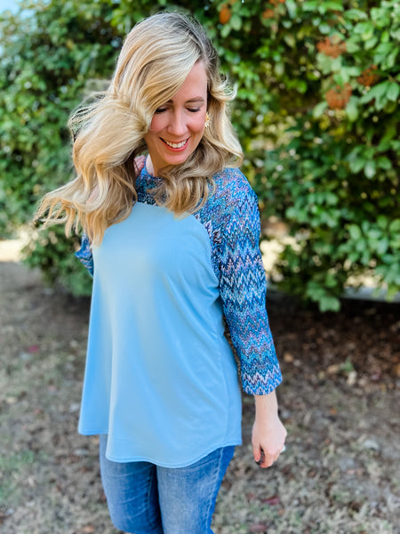 Emily Sky Blue Top With Stretch Lace Sleeve - Ribbons and Spice Boutique