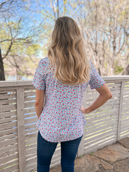 Contemporary Collection Red & Blue Floral Short Sleeve Top - Ribbons and Spice Boutique