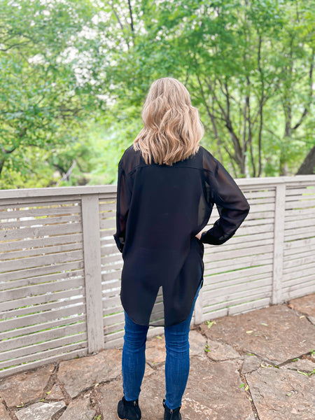 Contemporary Collection Black Sheer Chiffon Button Up - Ribbons and Spice Boutique