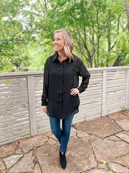 Contemporary Collection Black Sheer Chiffon Button Up - Ribbons and Spice Boutique