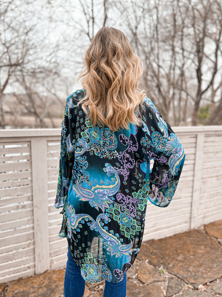 Heather Blue and Navy Paisley Kimono - Ribbons and Spice Boutique
