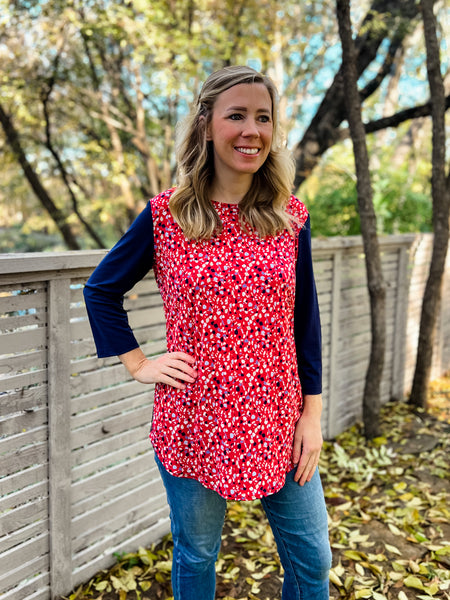 Holly Red & Navy Speckle Print Top - Ribbons and Spice Boutique