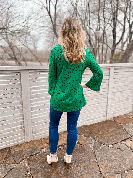 Courtney Green Leopard Print Bell Sleeve Top - Ribbons and Spice Boutique