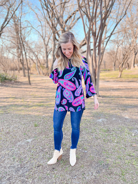 Eliana Multicolor Paisley Bell Sleeve Top - Ribbons and Spice Boutique