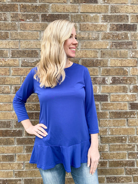 Ava Cobalt Blue Front Ruffle Top - Ribbons and Spice Boutique
