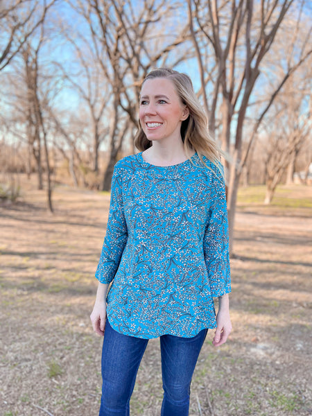 Clara Turquoise with Dainty Flowers Bell Sleeve Top - Ribbons and Spice Boutique