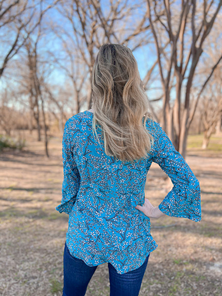 Clara Turquoise with Dainty Flowers Bell Sleeve Top - Ribbons and Spice Boutique