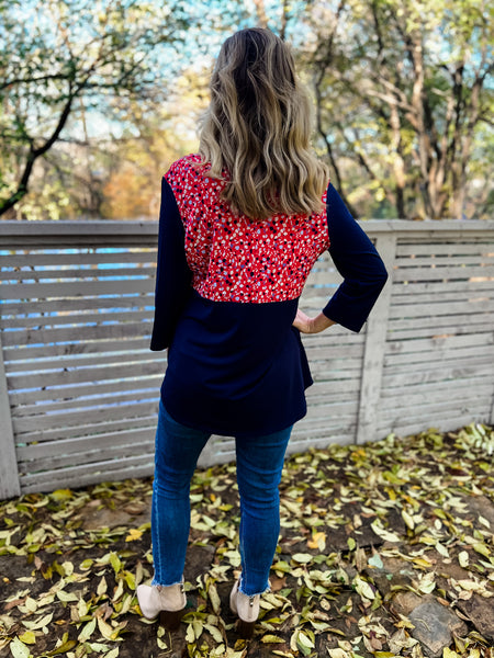 Holly Red & Navy Speckle Print Top - Ribbons and Spice Boutique