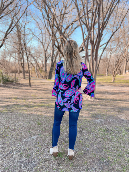 Eliana Multicolor Paisley Bell Sleeve Top - Ribbons and Spice Boutique