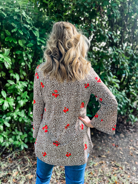 Giselle Animal Print Top with Red Roses - Ribbons and Spice Boutique