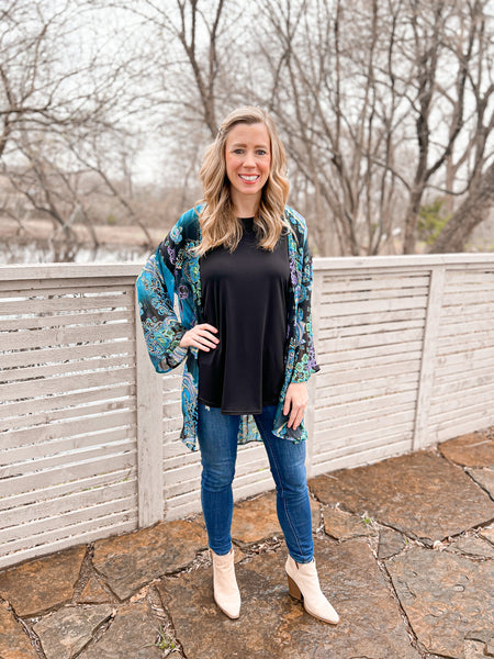 Heather Blue and Navy Paisley Kimono - Ribbons and Spice Boutique