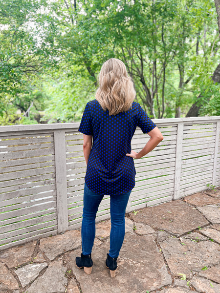 Donna Blue and Black Polka Dot Short Sleeve Top - Ribbons and Spice Boutique
