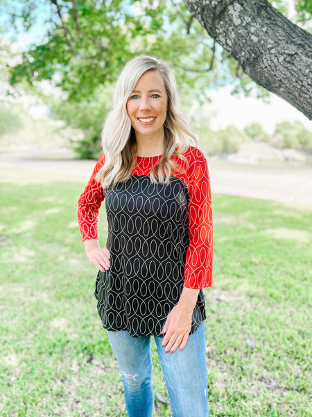 Valentina Red and Black Geometric Top - Ribbons and Spice Boutique