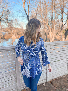 Hope Blue Paisley Bell Sleeve Top - Ribbons and Spice Boutique