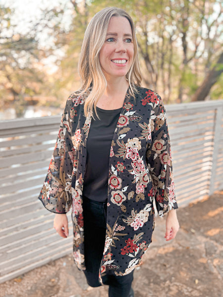 Kinsley Black Floral & Polka Dot Chiffon Kimono - Ribbons and Spice Boutique