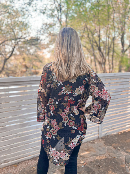 Kinsley Black Floral & Polka Dot Chiffon Kimono - Ribbons and Spice Boutique