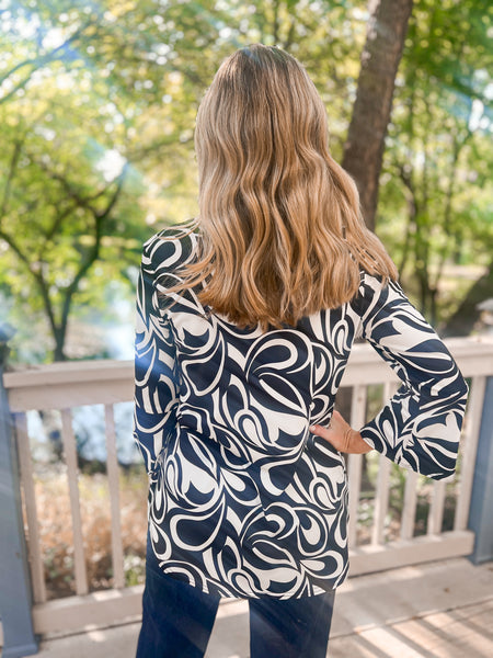Ciara Black & White Swirl Bell Sleeve Top