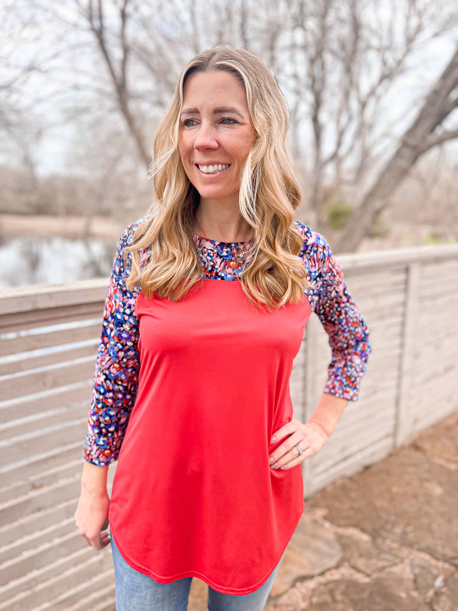 Ruth Salmon Top With Floral Sleeves