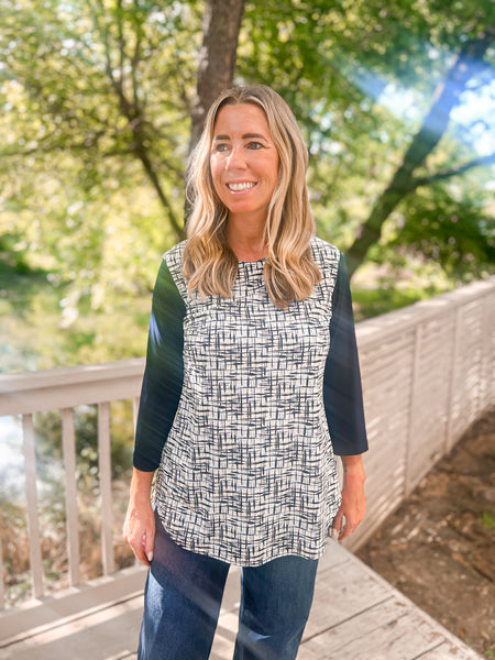 Hellen Navy Geometric Stitch Print Top